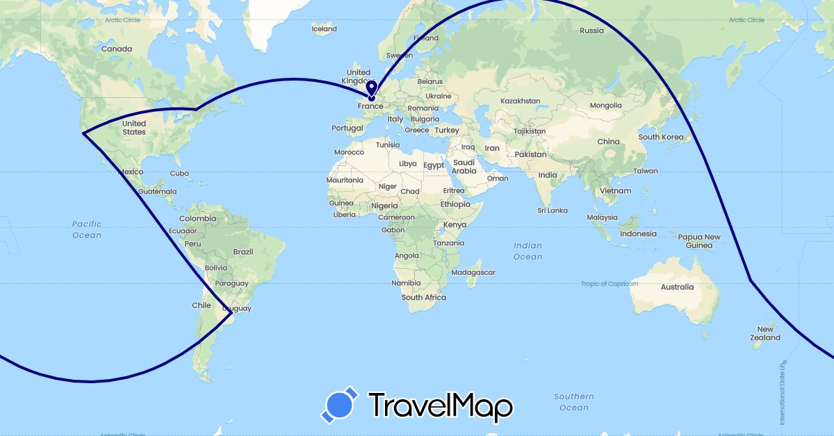 TravelMap itinerary: driving in Argentina, Canada, France, New Caledonia, United States (Europe, North America, Oceania, South America)
